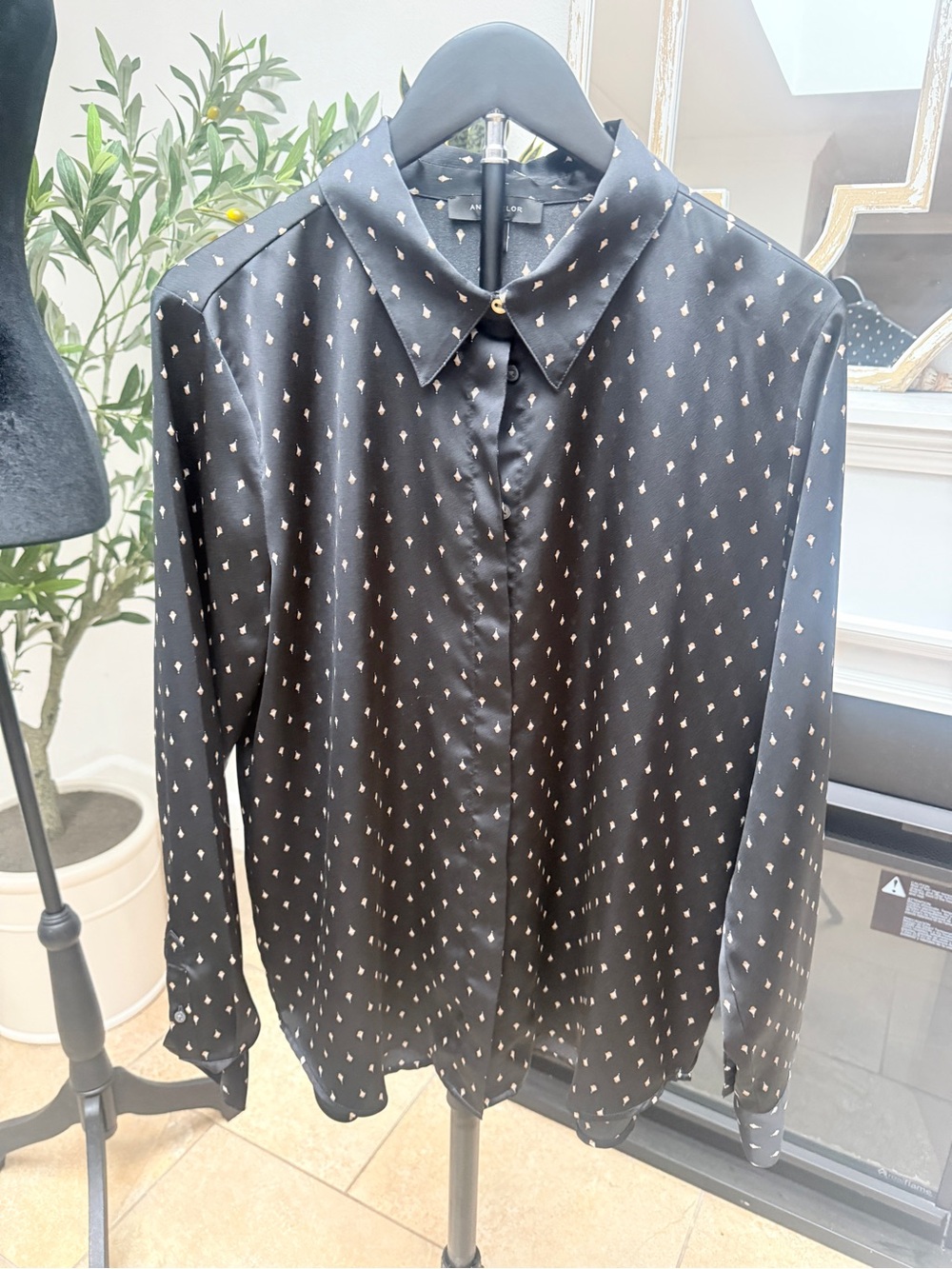 Ann Taylor Black Button-Down Shirt with Cream Dot Print